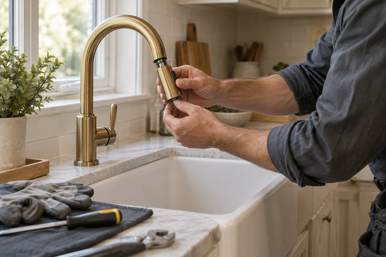 Illustrative close-up of a plumber inspecting a kitchen faucet