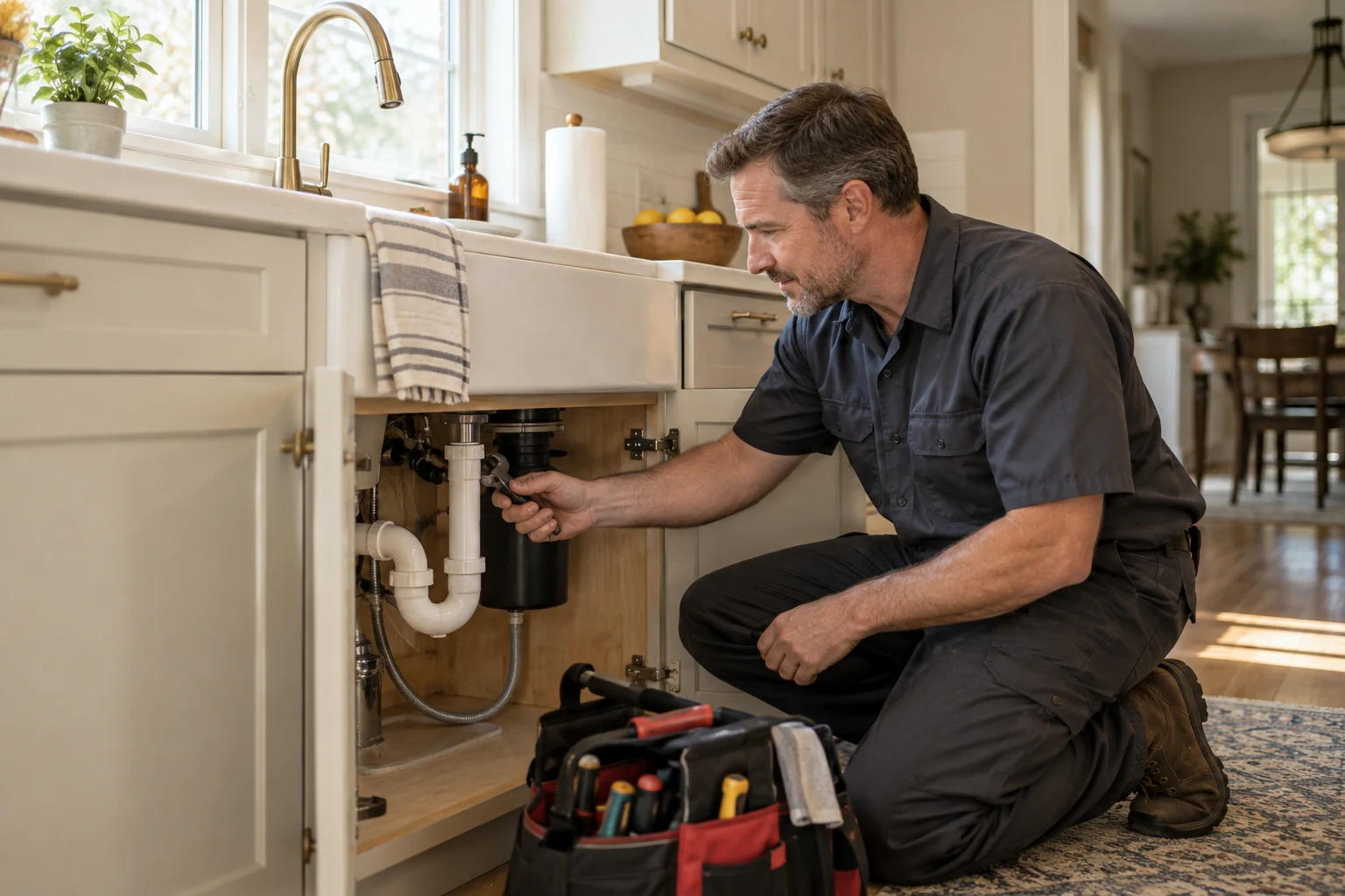 Illustrative scene of a plumber checking the pipes under a kitchen sink