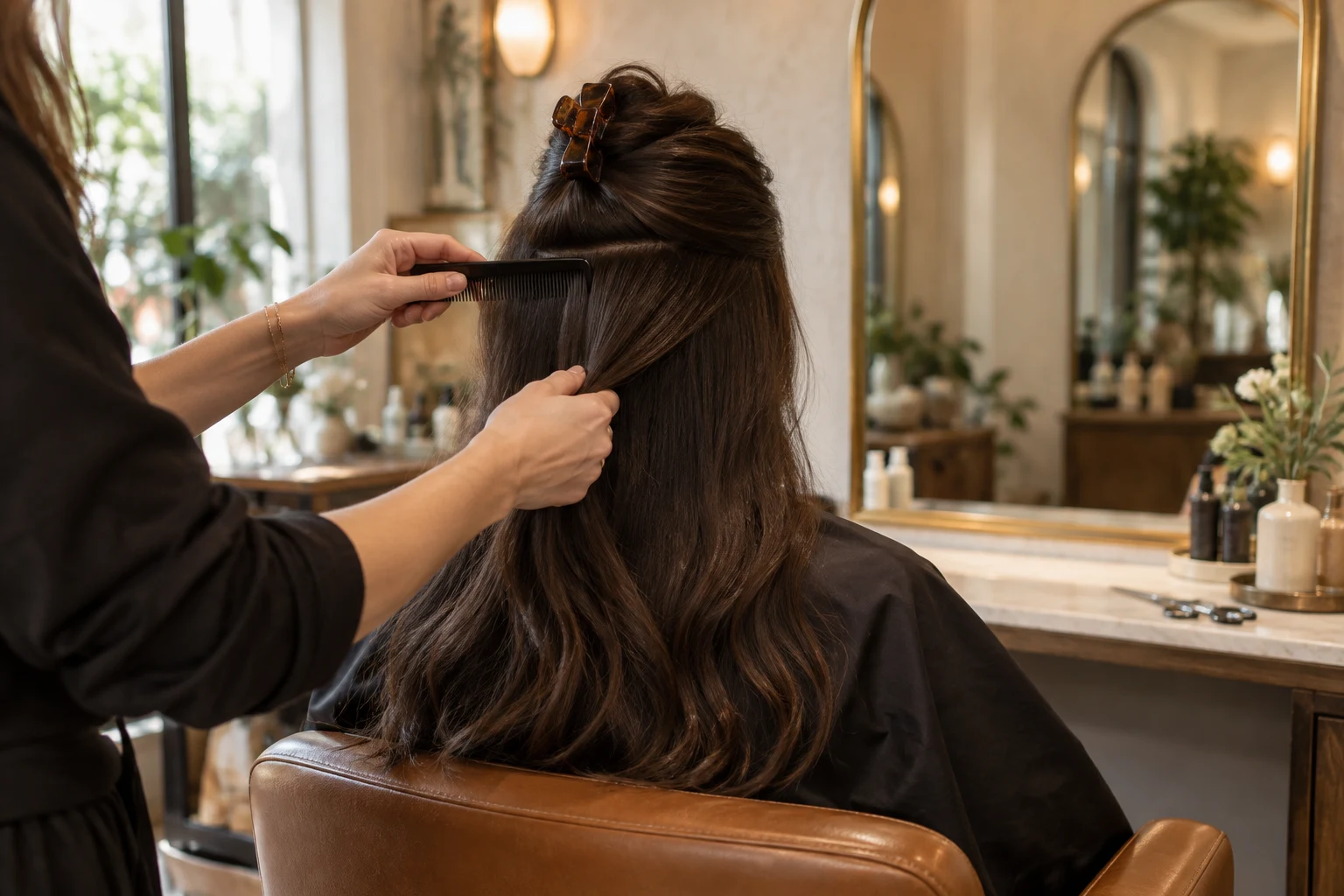 Illustrative scene of a stylist carefully sectioning a client’s hair
