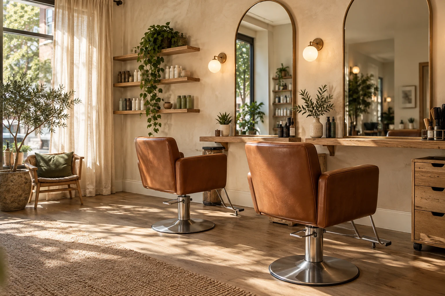Illustrative warm neighborhood salon with cognac chairs and arched mirrors